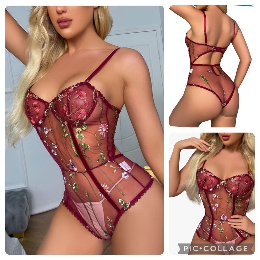 NEW IN PACKAGE! Wine velvet, sheer, embroidered, under wire‎ body suit